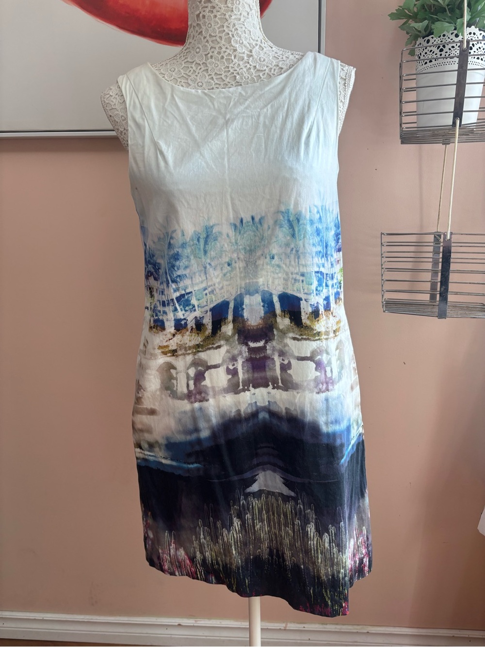 Joe Fresh Sleeveless Ombre Landscape Print Dress in White, Blue, Navy